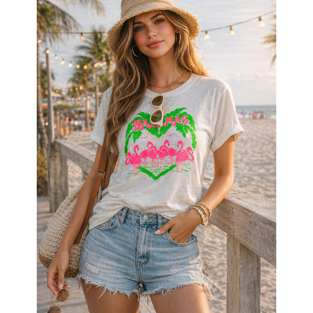 Vintage Bahamas T Shirt Large White‎ Neon Puff Paint Tropical Single Stitch 80s